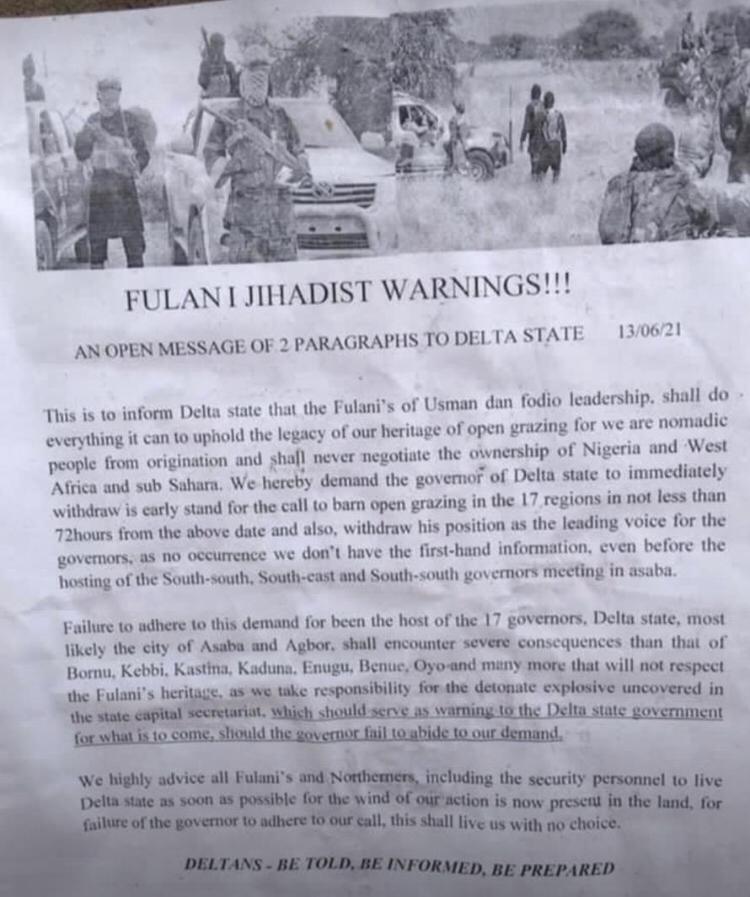Open grazing: Fulani group threatens Okowa with murderous onslaught on Delta, takes responsibility for explosive at ‘state capital Secretariat’