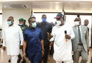 Delta State Governor, Senator Dr. Ifeanyi Okowa (2nd left); his Deputy, Deacon Kingsley Otuaro, (left); Secretary to State Government, Mr. Patrick Ukah (right), the project Consultant , Prof. Chike Edozien Secretariat Complex, Arch. Kester Ifeadi (2ndright), conducting the Governor round during the Governor's Inspection of the project in Asaba on Tuesday.
