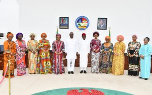 Governor Okowa, in red cap, his Deputy, Barr. Kingsley Otuaro and Southern Governors'Wives.