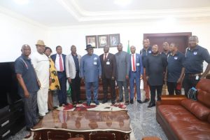 Delta Speaker, Rt. Hon. Sheriff Oborevwori, 6th from left with some Principal officers of the Assembly in a group photograph with a delegation of DOPF.