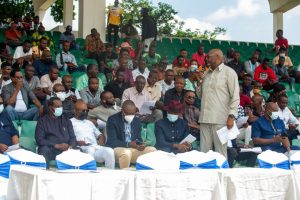 Chief Economic Adviser to Delta Governor, Dr. Kingsley Emu speaking at the triclcle exhibition in Asaba.