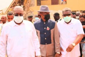 Deputy Governor of Delta State, Barr. Kingsley Otuaro (left); Commissioner for Health, Dr. Ononye Mordi (right) and the Commissioner for Information, Mr. Charles Aniagwu,(middle) while Inspecting the site of the Collapsed Building housing The Salvation Ministry Church, Okpanam, Delta State on Wednesday. PHOTO JIBUNOR SAMUEL