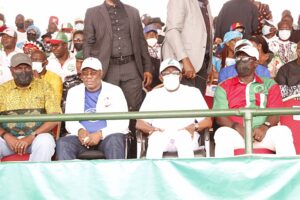 Delta Governor, Senator Dr. Ifeanyi Okowa (2nd right);one of his predecessors, Chief James Ibori (left); Deputy Governor of Delta, Barr. Kingsley Otuaro (2nd left) and State PDP Chairman, Barr. Kingsley Esiso, at the Delta PDP Mega Rally, held in Asaba on Saturday.