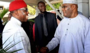 Alhaji Atiku Abubakar (right) in handshake with Dr. Okowa, his new running mate for the presidential election in 2023.