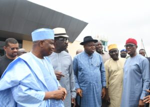 Delta Governor and Vice Presidential candidate of the Peoples Democratic Party (PDP), Senator Dr Ifeanyi Okowa (right); Governor of Bayelsa, Senator Douye Diri (3rd left); their Edo counterpart, Godwin Obaseki (2nd left) and Aminu Tambuwal of Sokoto State (left) share some thoughts as they arrived Ibadan Airport enroute Osogbo for a meeting preparatory to PDP's final rally ahead of Saturday's Governorship Election in Osun State.