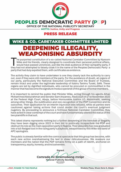 PDP slams Wike’s ‘Caretaker Committee’, calls move illegal, absurd, contemptuous