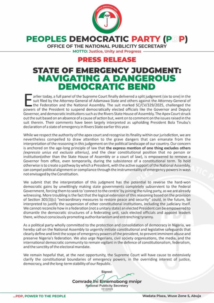 Emergency rule judgment: PDP warns of ‘Dangerous Democratic bend’, urges urgent safeguards