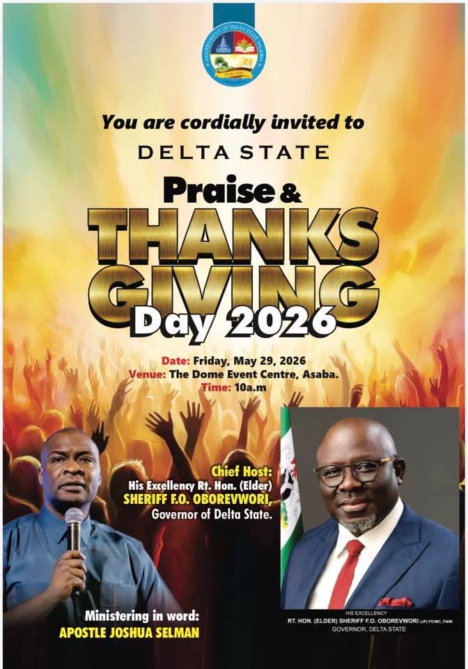 Delta State to hold statewide praise, thanksgiving on May 29 for Governor Oborevwori’s 3rd anniversary