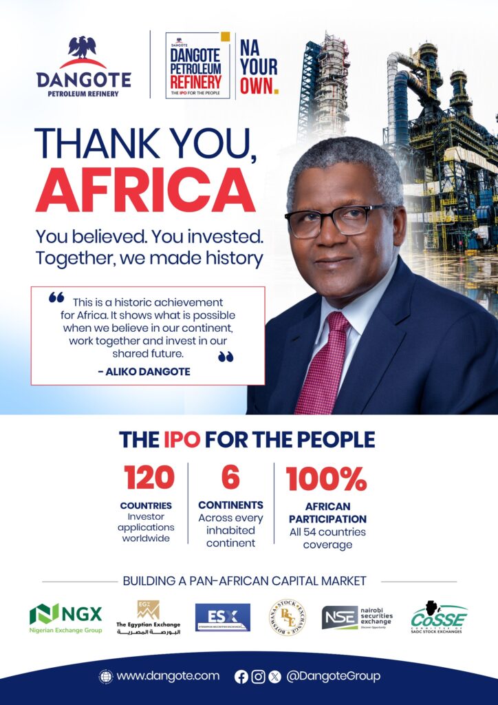Dangote Refinery’s ‘People’s IPO’ draws applications from 120 countries, all 54 African nations